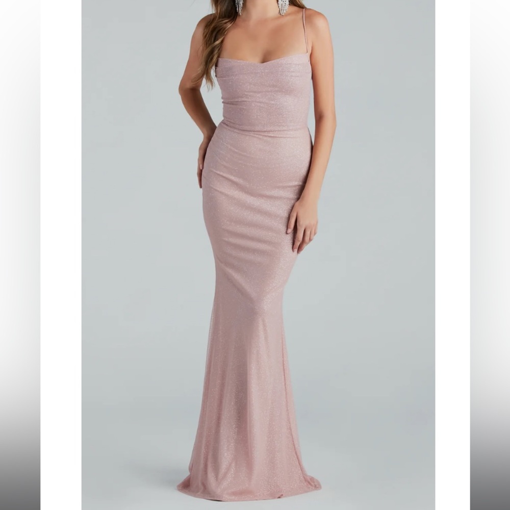 Windsor Spaghetti Strap Glitter Mesh Formal Rose Long Dress